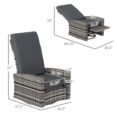 Outdoor Wicker Swivel Recliner Chair, Lifting Footrest, 360° Rotating Basic, Water-resistant Cushions, Dark