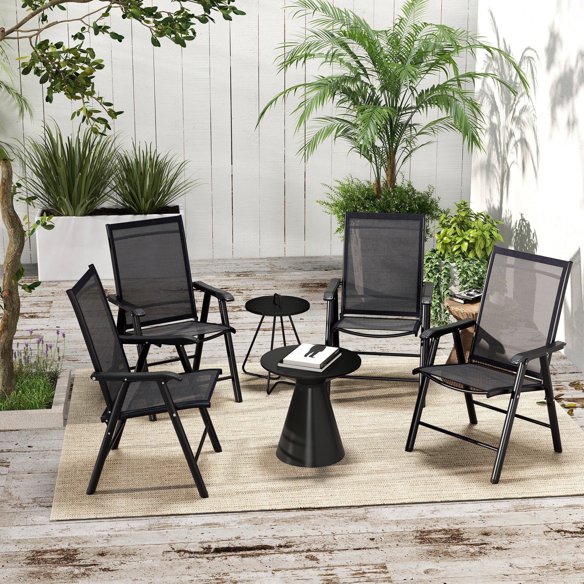 Set of 4 Outdoor Folding Chairs, Stackable Patio Dining Chairs with Armrests, Metal Frame