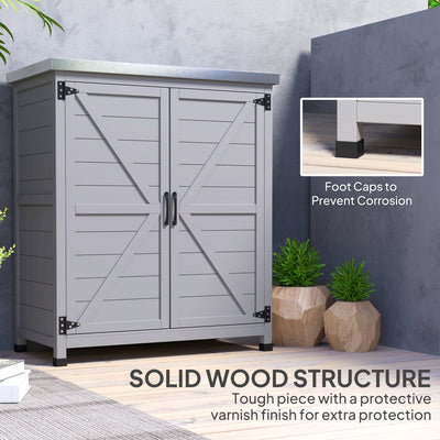 Wooden Storage Cabinet, Outdoor Prep Table with Metal Tabletop, Shelves and Double Doors for Patio, Garden