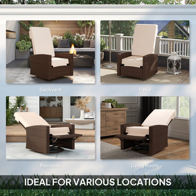 Outdoor Wicker Swivel Recliner Chair, Lifting Footrest, 360° Rotating Basic, Water-resistant Cushions, Dark
