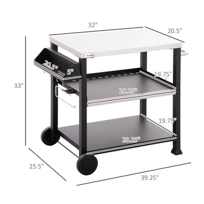 3-Shelf Outdoor Grill Cart Table with Side Handle, Stainless Steel Pizza Oven Stand on Wheels, Black