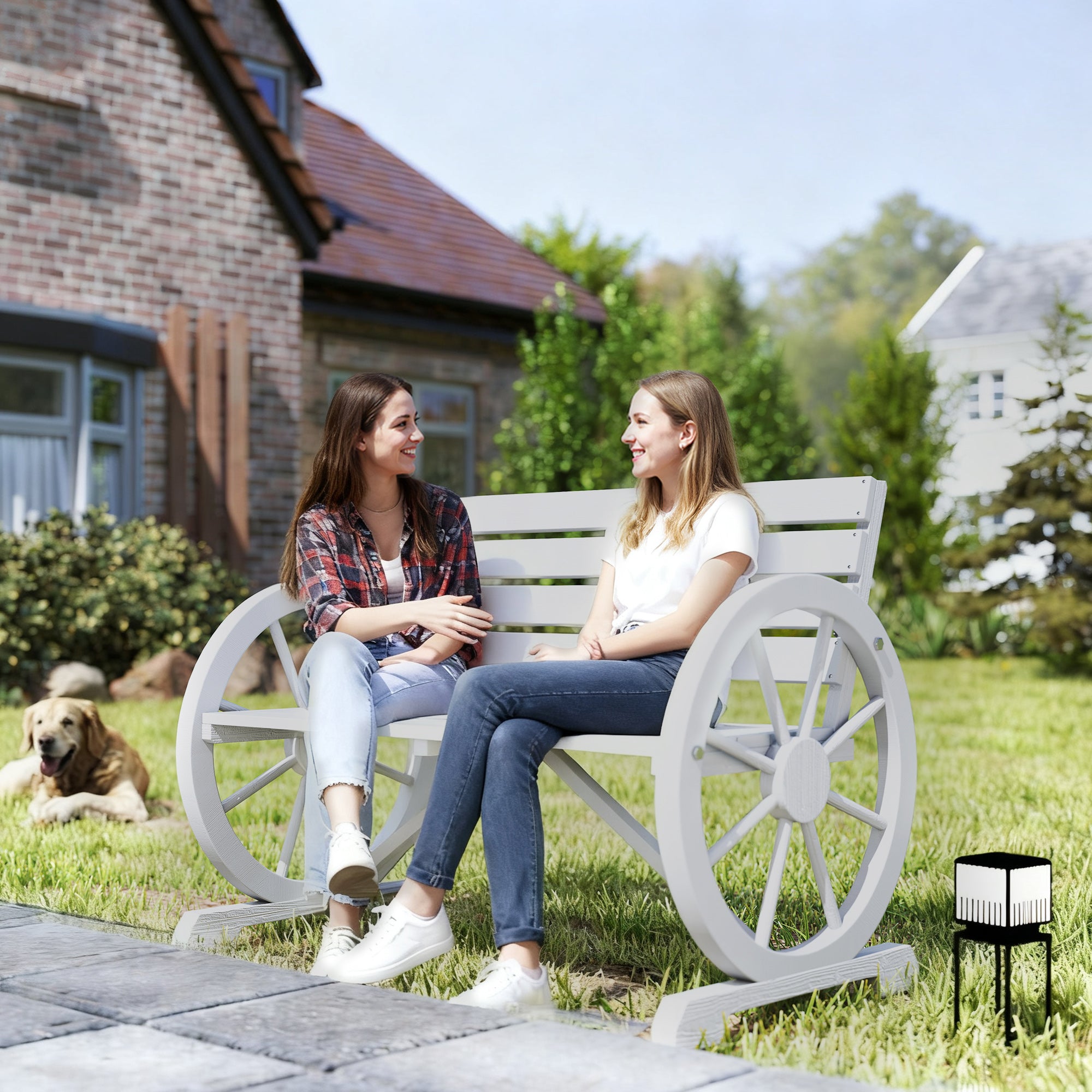 41" Wooden Wagon Wheel Bench, Rustic Outdoor Patio Bench Weather Resistance Furniture, 2-Person Slatted Seat with Backrest