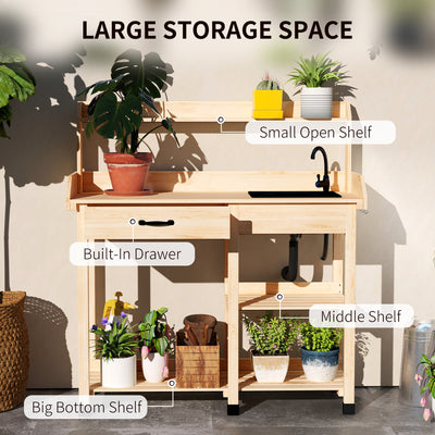 Potting Bench Table, Outdoor Garden Table Wooden Work Station with Removable Sink, Faucet, Drawer, Shelves, Hooks