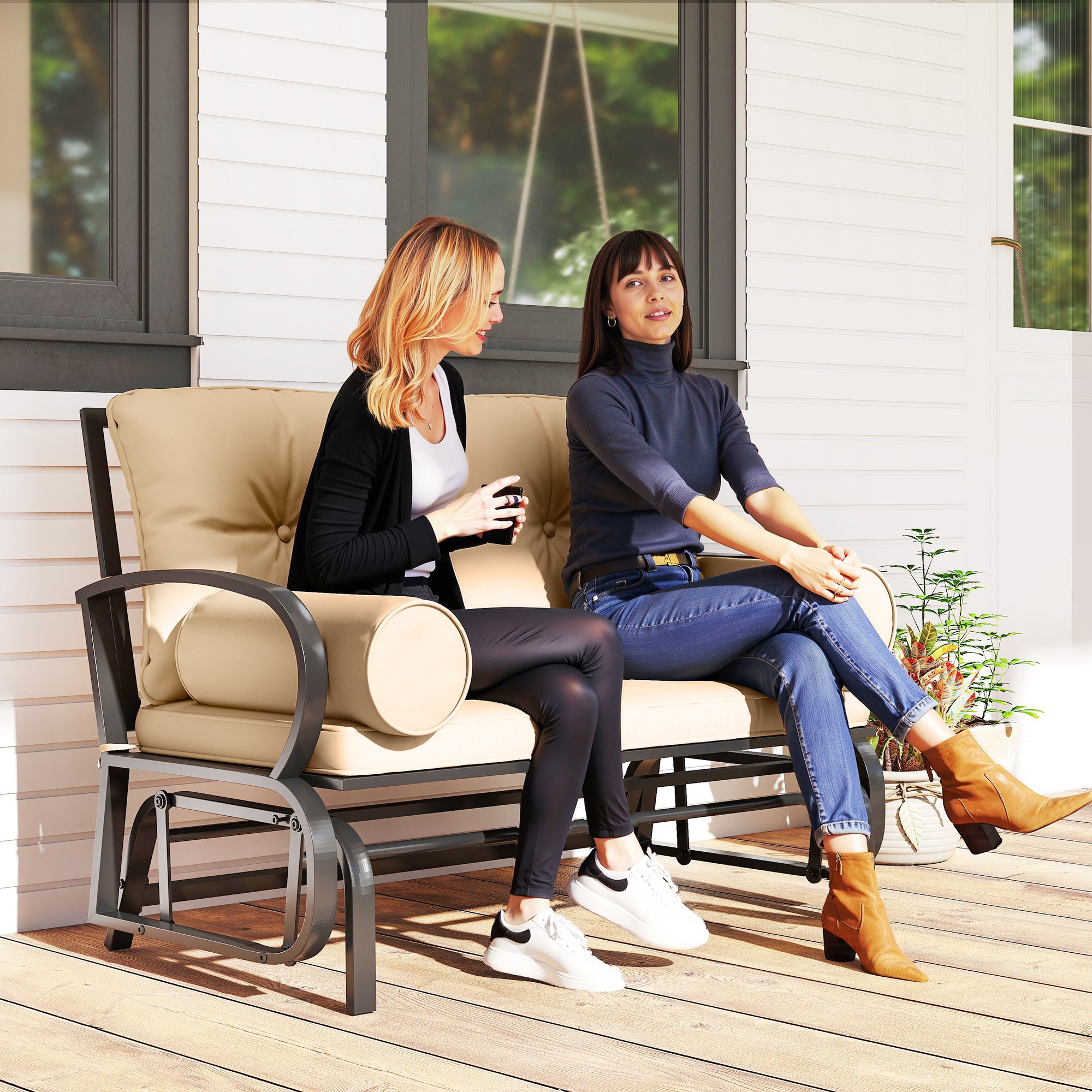 Swing Glider Rocking Chair, Double Patio Bench, 2 Person Loveseat with Steel Frame, Cushions, Pillow Armrests
