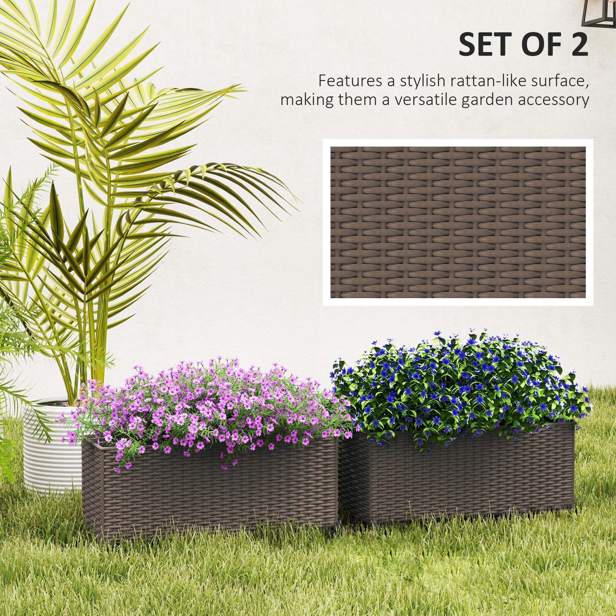 2 Pack 20 Inch Railing Flower Pots, Hanging Flower Pots with Hooks, Drainage Holes for Fence, Rattan Look, Brown