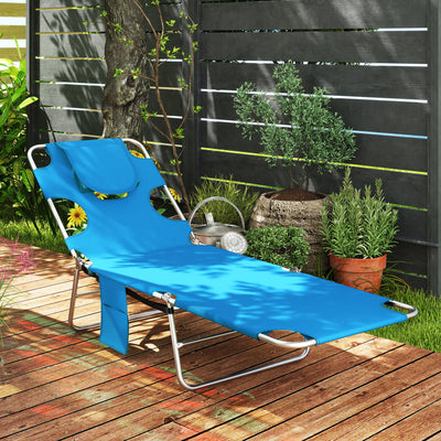 Tanning Chair with Face Hole, 5-Level Adjustable Outdoor Chaise Lounge Chair with Pillow for Beach, Pool