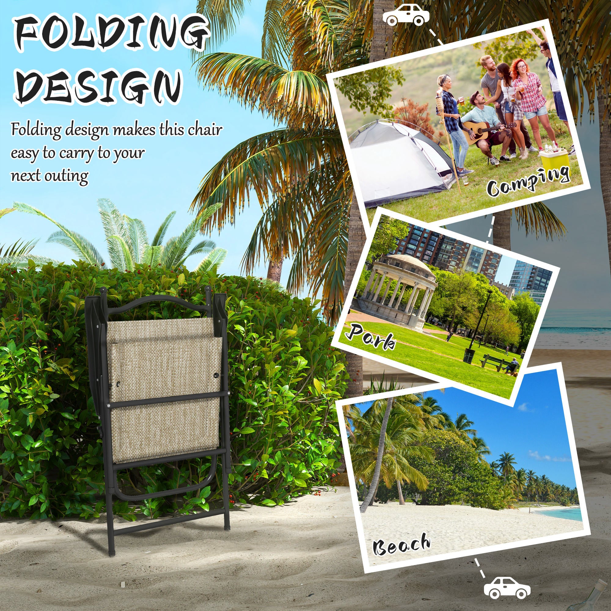 4 Piece Folding Patio Camping Chair Set, Sports Chairs for Adults with Armrests, Mesh Fabric Seat for Lawn, Beige