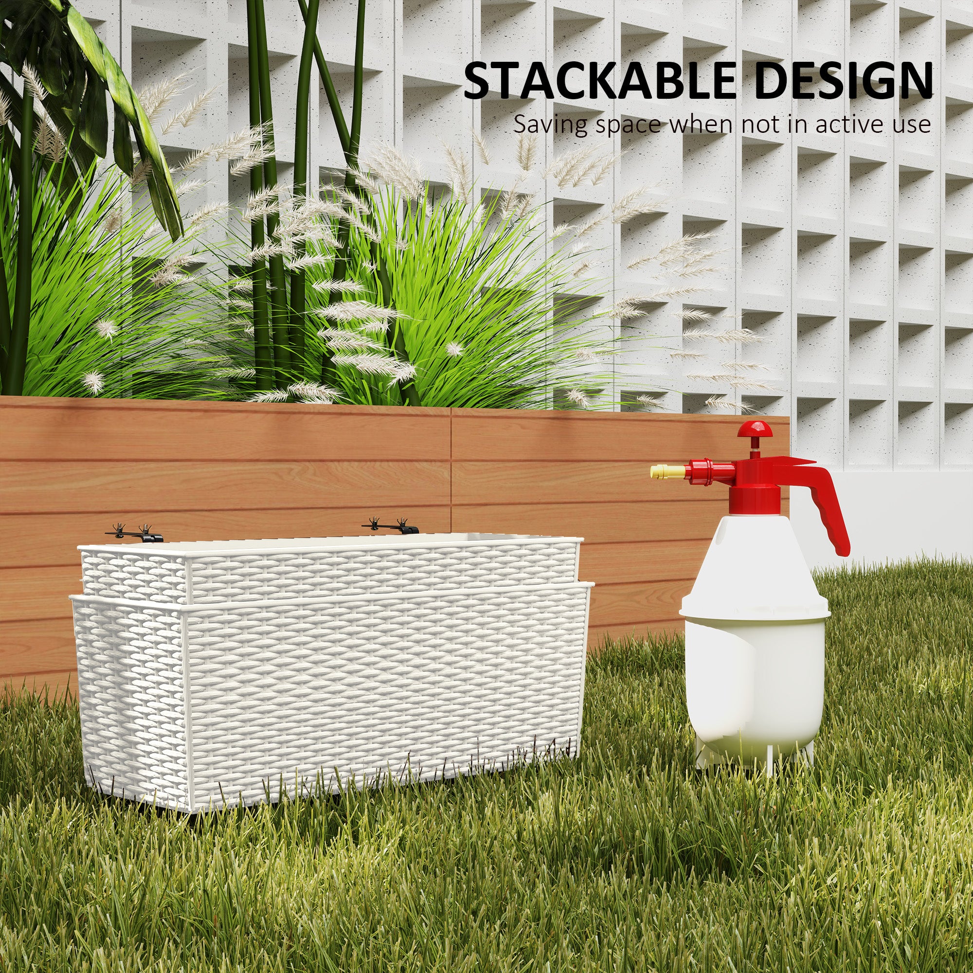 2 Pack 20 Inch Railing Flower Pots, Hanging Flower Pots with Hooks, Drainage Holes for Fence, Rattan Look, White