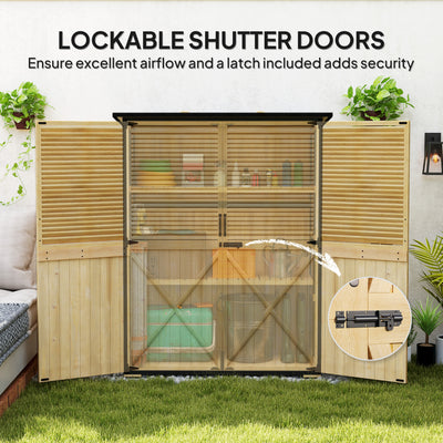 Wood Storage Shed, Outdoor Garden Shed with Asphalt Roof, 2 Shelves, Lockable Doors and Adjustable Feet