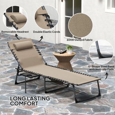 Folding Outdoor Chaise Lounge Chair Tanning Chair with 5-Level Adjustable Back, Side Table, Pillow, Pocket