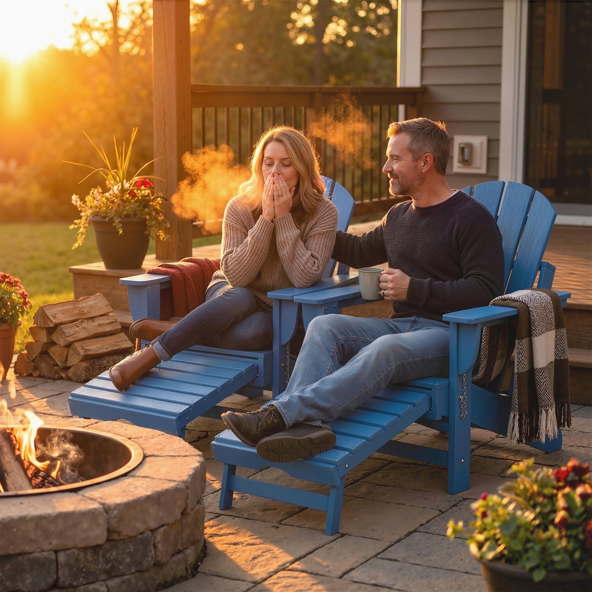 Folding Adirondack Chair Set of 2, HDPE Fire Pit Chair with Retractable Ottoman and Cup Holder