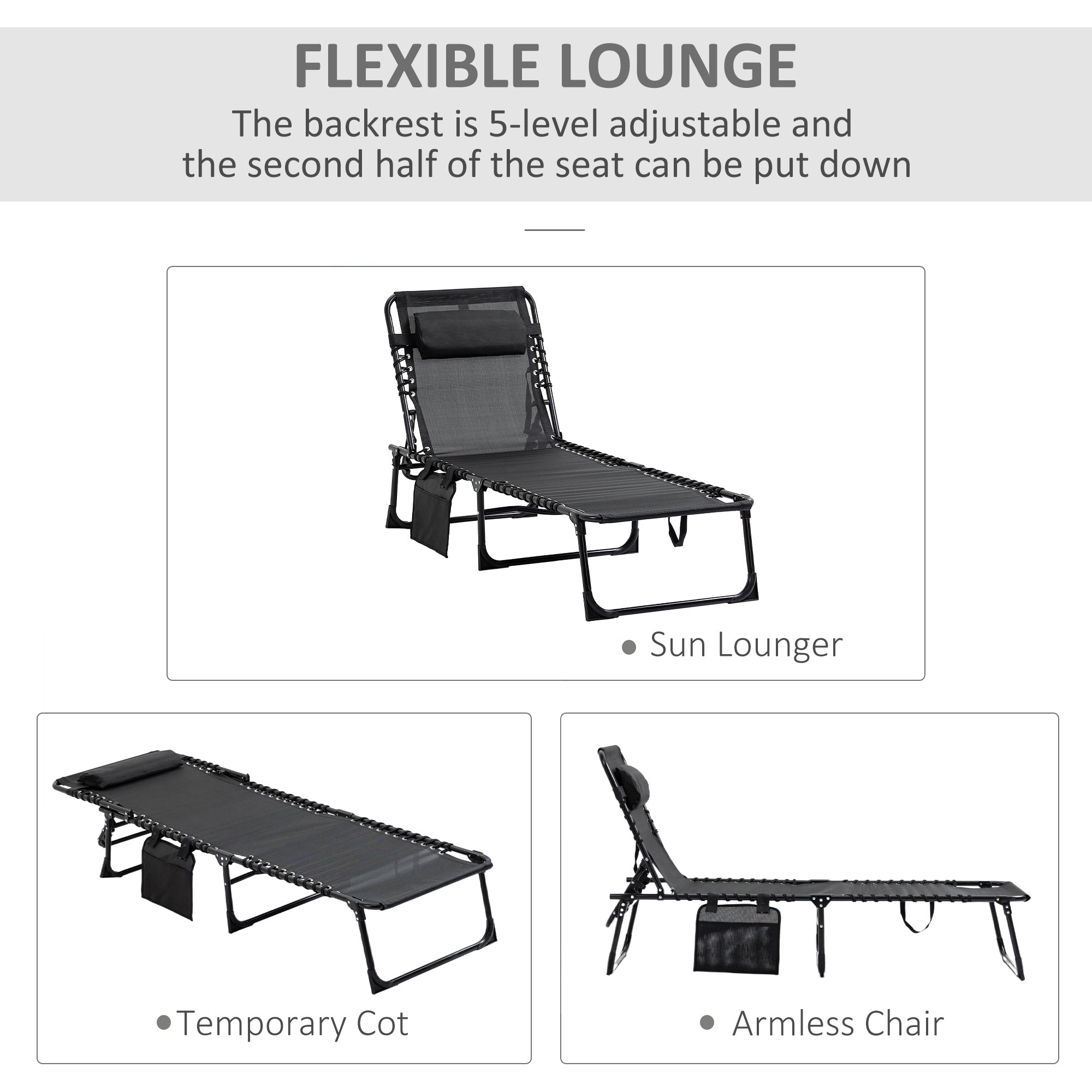 Reclining Chaise Lounge Chair, Portable Sun Lounger, Folding Camping Cot with Adjustable Backrest and Removable Pillow, for Patio, Garden, Beach
