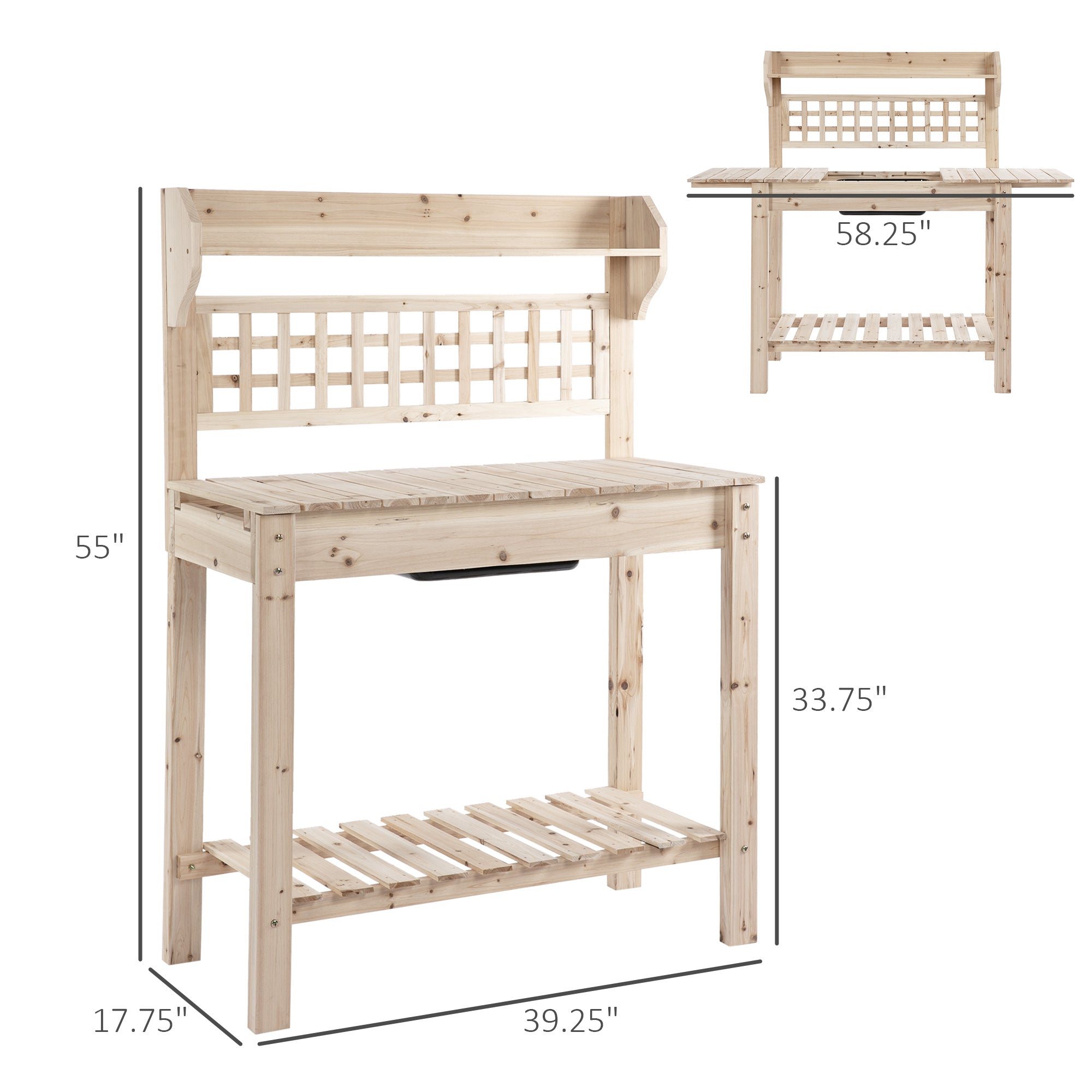 Outdoor Potting Bench Table, Wooden Workstation with Sliding Tabletop, Storage Shelf and Dry Sink, for Greenhouse, Garden, Patio