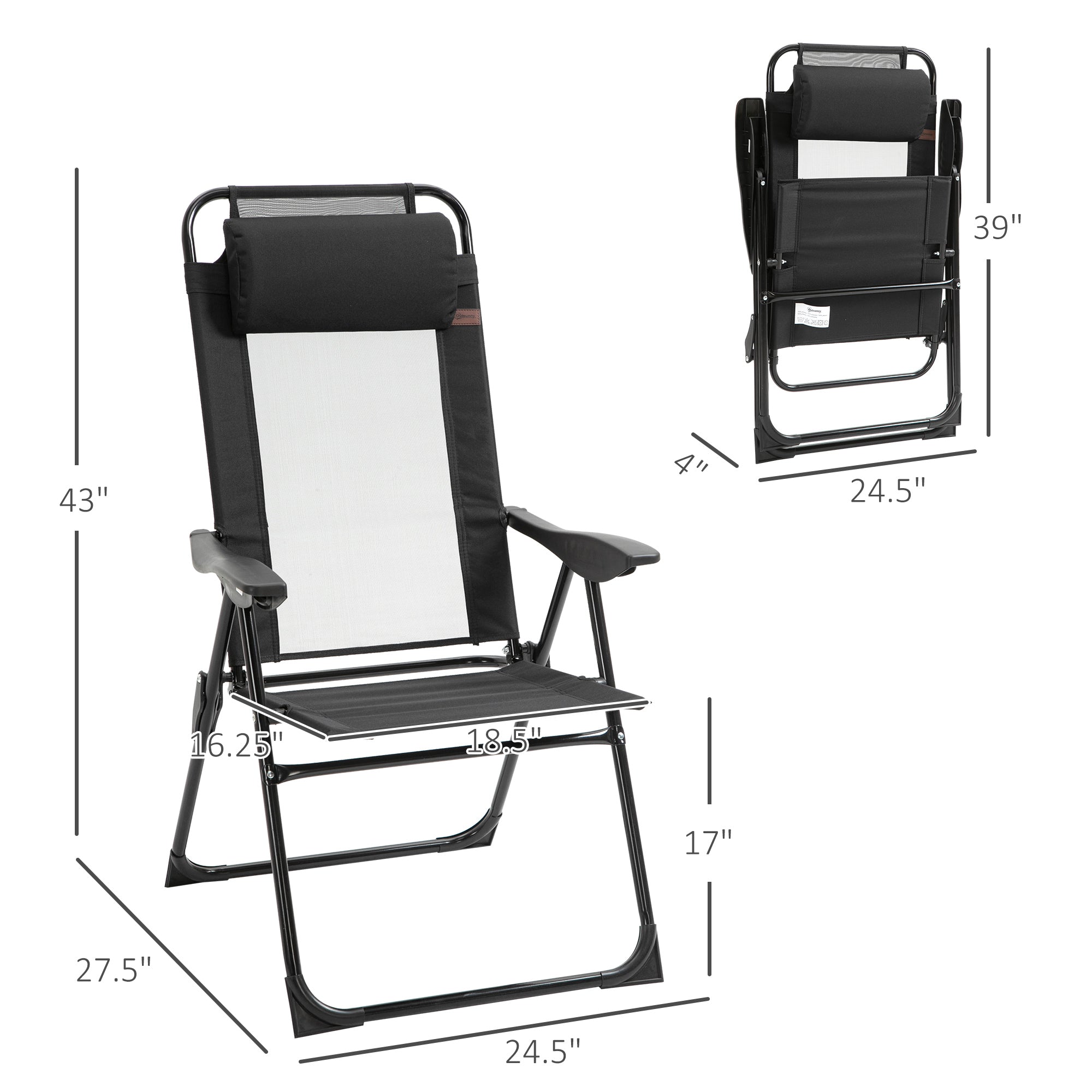 Folding Patio Dining Chairs Set of 2, Outdoor Deck Chair with Removable Headrest, Camping Chair with Adjustable Sling Back for Garden, Backyard, Lawn