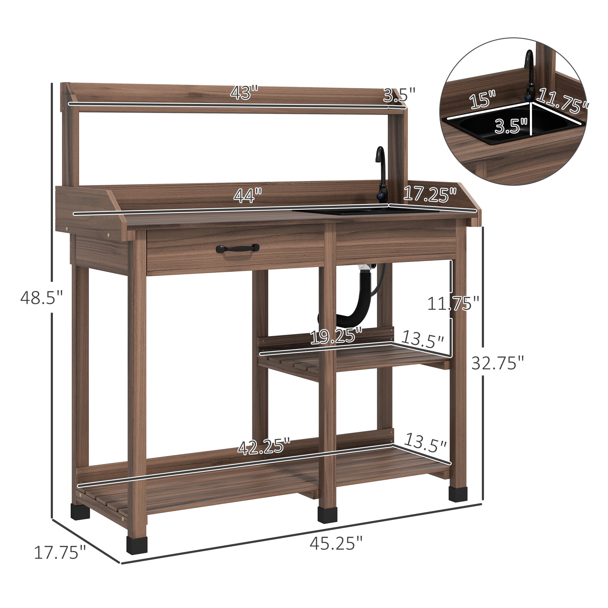 Potting Bench Table, Outdoor Garden Table Wooden Work Station with Removable Sink, Faucet, Drawer, Shelves, Hooks