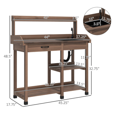 Potting Bench Table, Outdoor Garden Table Wooden Work Station with Removable Sink, Faucet, Drawer, Shelves, Hooks