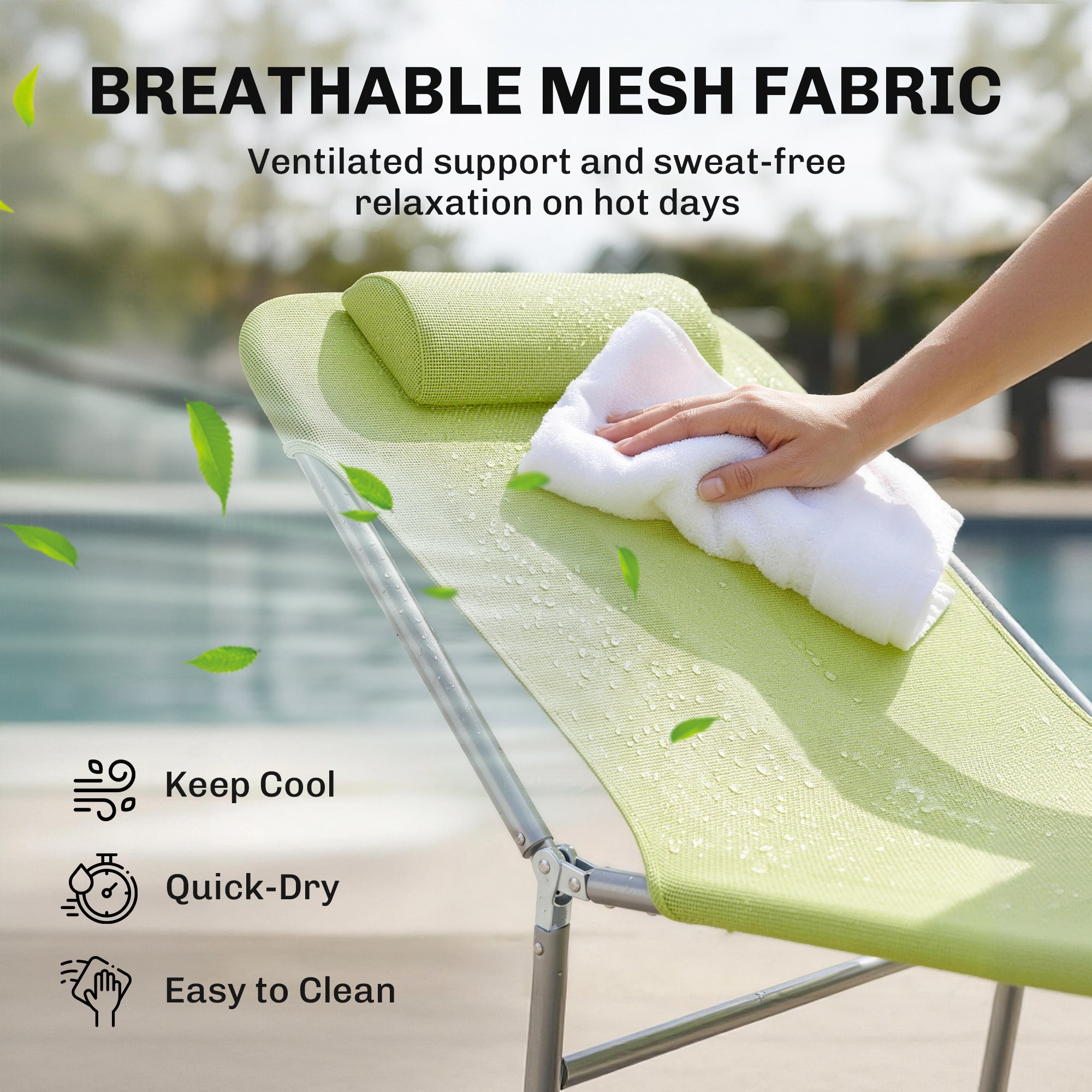 Folding Chaise Lounge Pool Chairs, Outdoor Sun Tanning Chairs with Pillow, Reclining Back, Steel Frame & Breathable Mesh for Beach, Yard, Patio,  Green