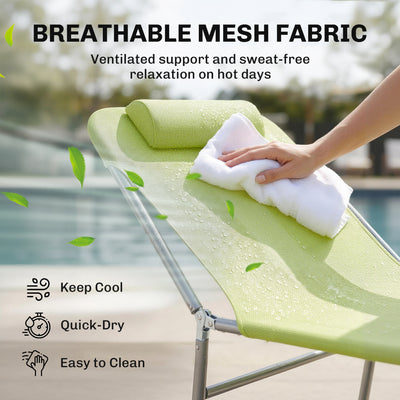 Folding Chaise Lounge Pool Chairs, Outdoor Sun Tanning Chairs with Pillow, Reclining Back, Steel Frame & Breathable Mesh for Beach, Yard, Patio,  Green