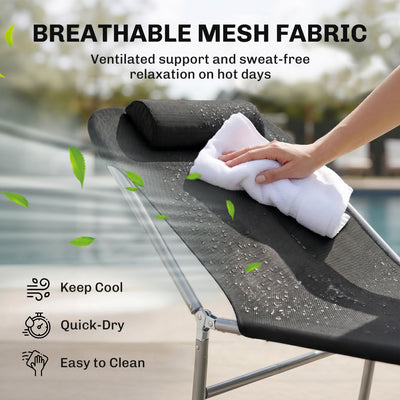 Folding Chaise Lounge Pool Chairs, Outdoor Sun Tanning Chairs with Pillow, Reclining Back, Steel Frame & Breathable Mesh for Beach, Yard, Patio, Black