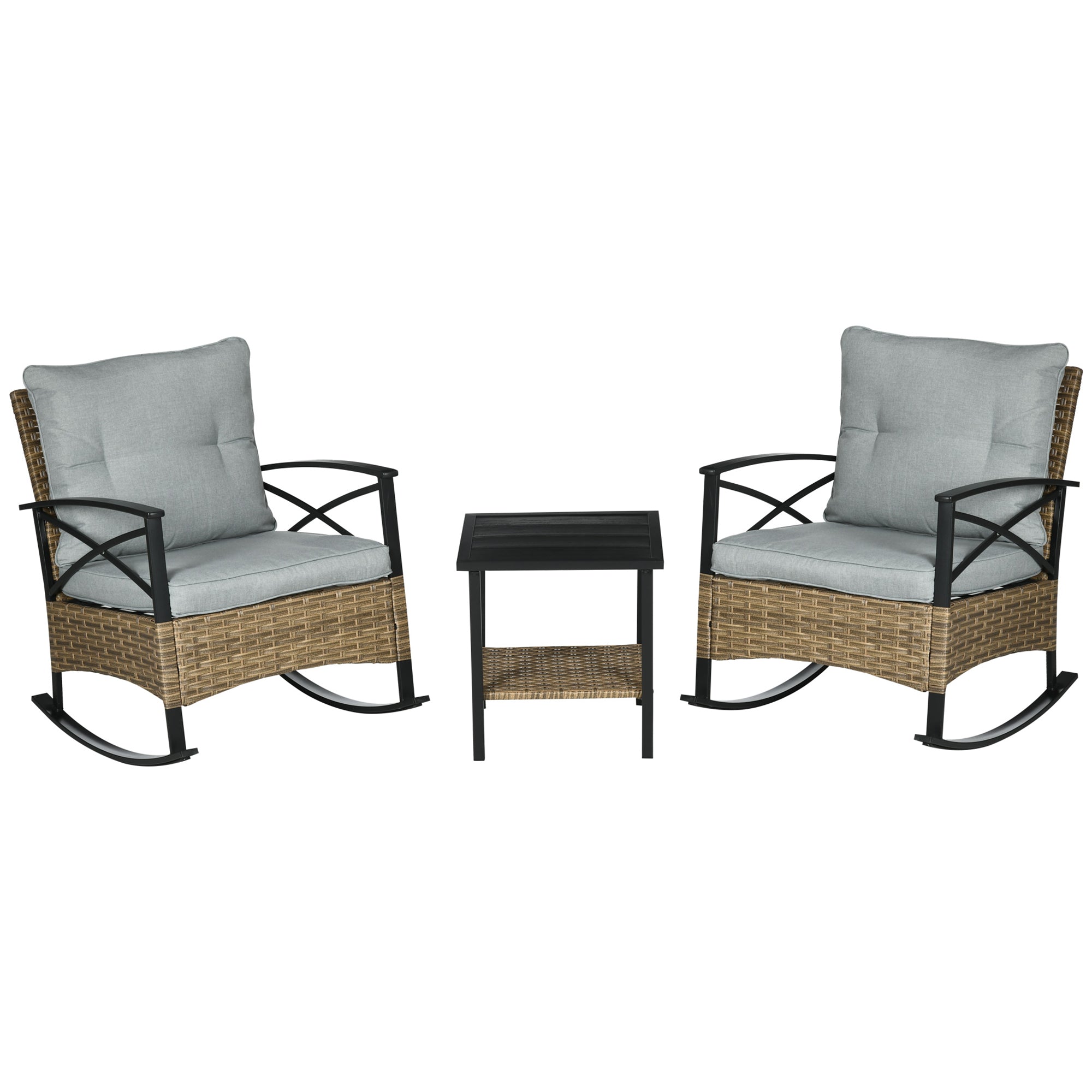 3 Piece Patio Rocking Chair Set, Outdoor Wicker Bistro Set with 2 Oversize Cushioned Porch Rockers and 2 Tier Coffee Table for Garden, Backyard