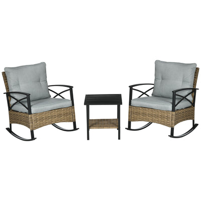 3 Piece Patio Rocking Chair Set, Outdoor Wicker Bistro Set with 2 Oversize Cushioned Porch Rockers and 2 Tier Coffee Table for Garden, Backyard