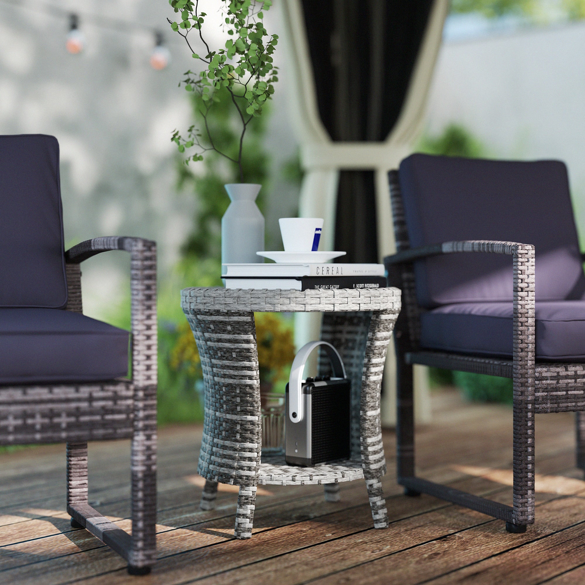 18" Wicker Outdoor Coffee Table, PE Rattan Patio Side Table with 2-Tier Storage, Composite Wood Top