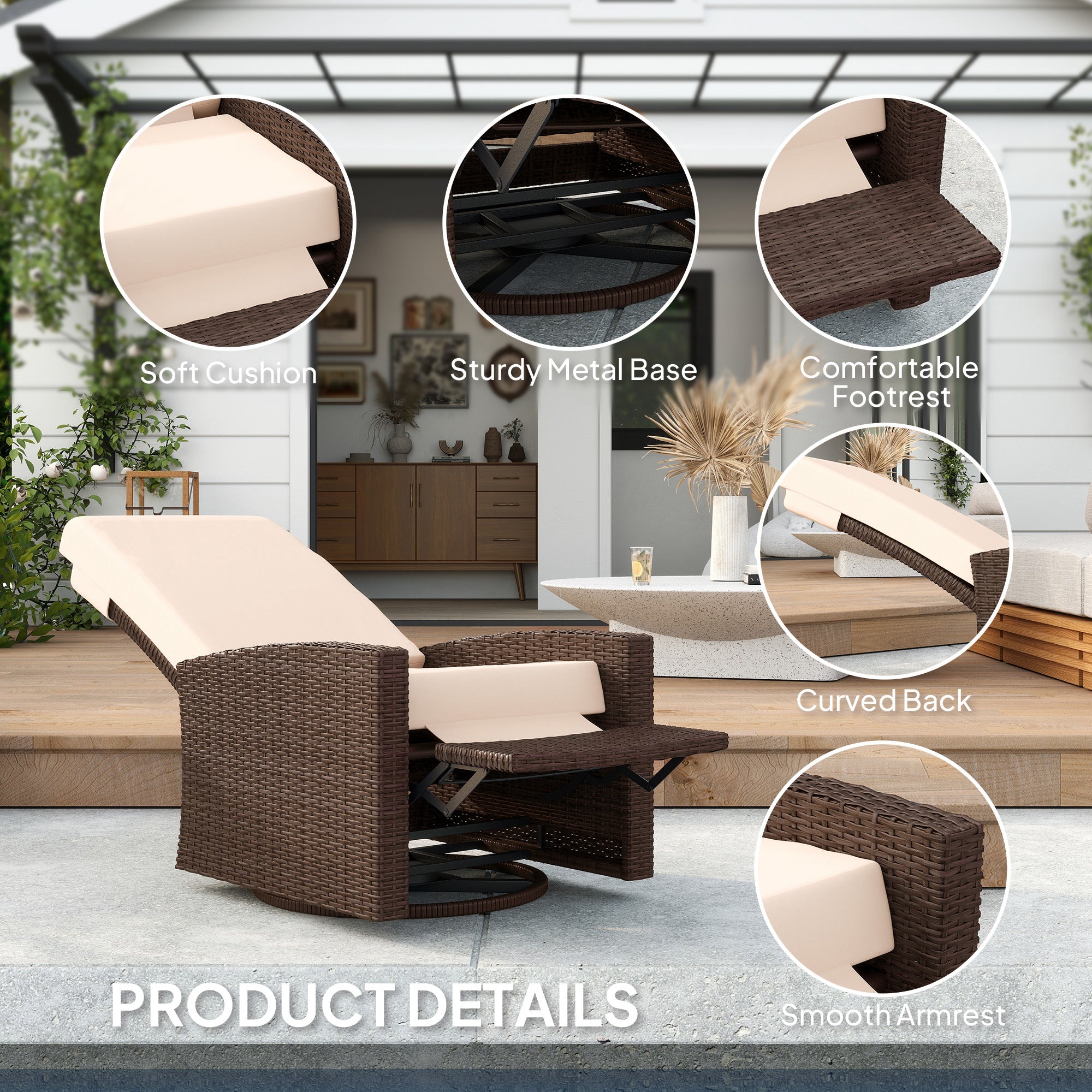 Outdoor Wicker Swivel Recliner Chair, Lifting Footrest, 360° Rotating Basic, Water-resistant Cushions, Dark