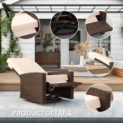 Outdoor Wicker Swivel Recliner Chair, Lifting Footrest, 360° Rotating Basic, Water-resistant Cushions, Dark