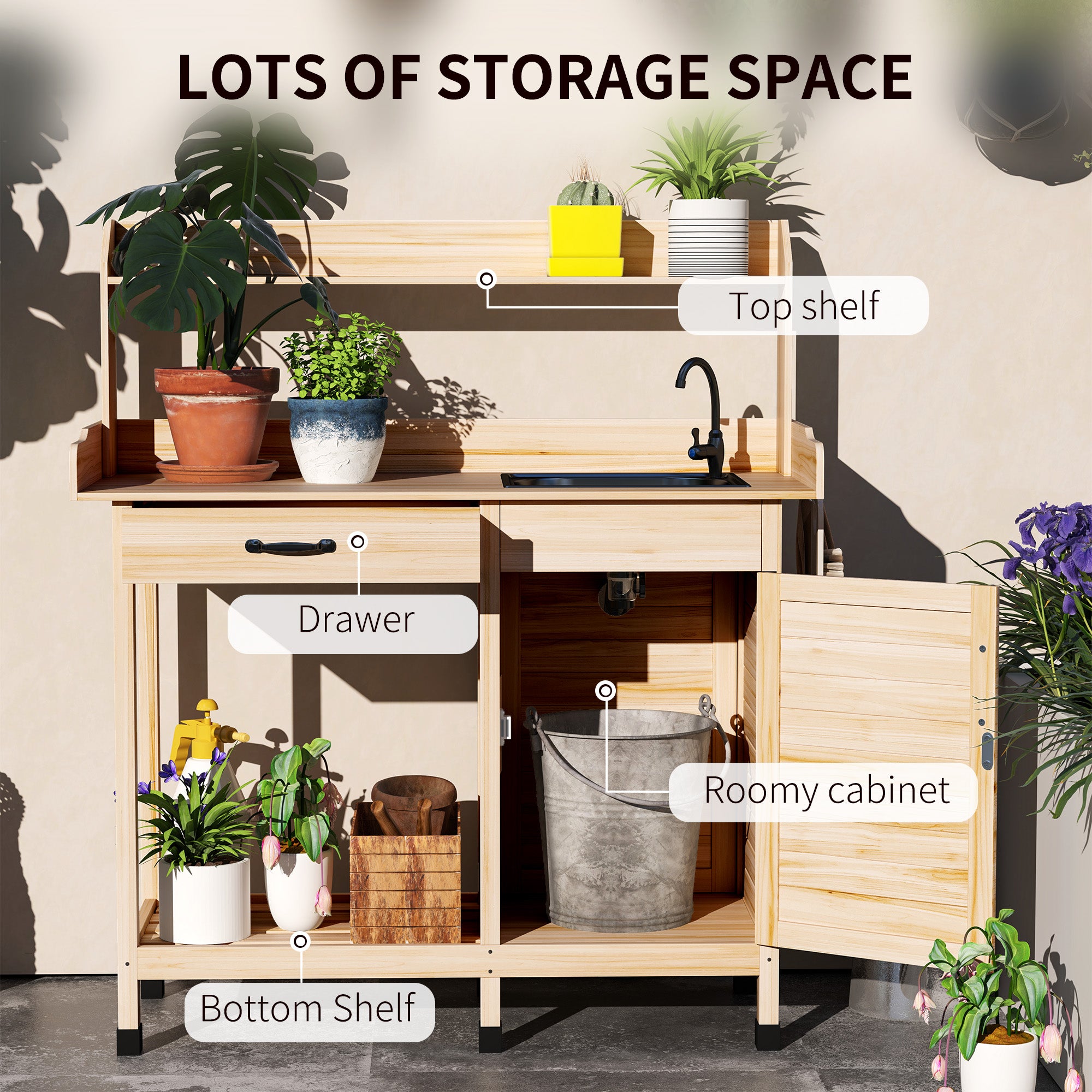 Potting Bench Table with Removable Sink, Outdoor Work Bench Table with Storage Cabinet, Hooks, Faucet and Drawer for Greenhouse, Garden, Patio