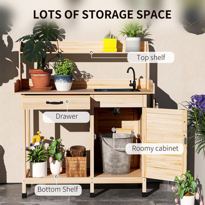 Potting Bench Table with Removable Sink, Outdoor Work Bench Table with Storage Cabinet, Hooks, Faucet and Drawer for Greenhouse, Garden, Patio