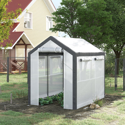 Outdoor Walk-In Tunnel Greenhouse with Roll-up Windows, Zippered Mesh Door, & Weather Cover,  8' x 6' x 7.4'
