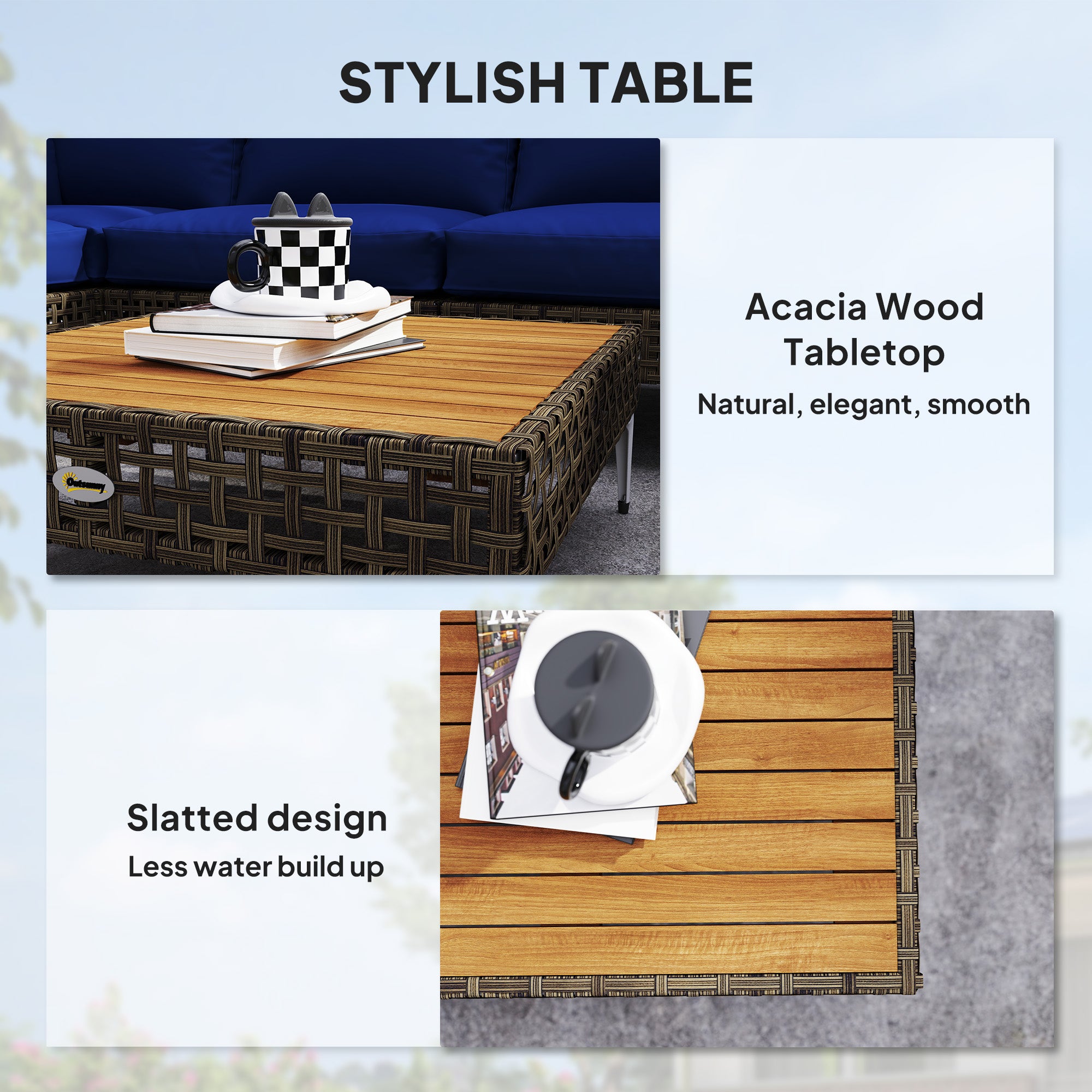 7 Piece Wicker Patio Furniture Set, Modular Outdoor Sectional with Thickened Cushions, Acacia Wood Table