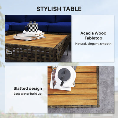 7 Piece Wicker Patio Furniture Set, Modular Outdoor Sectional with Thickened Cushions, Acacia Wood Table
