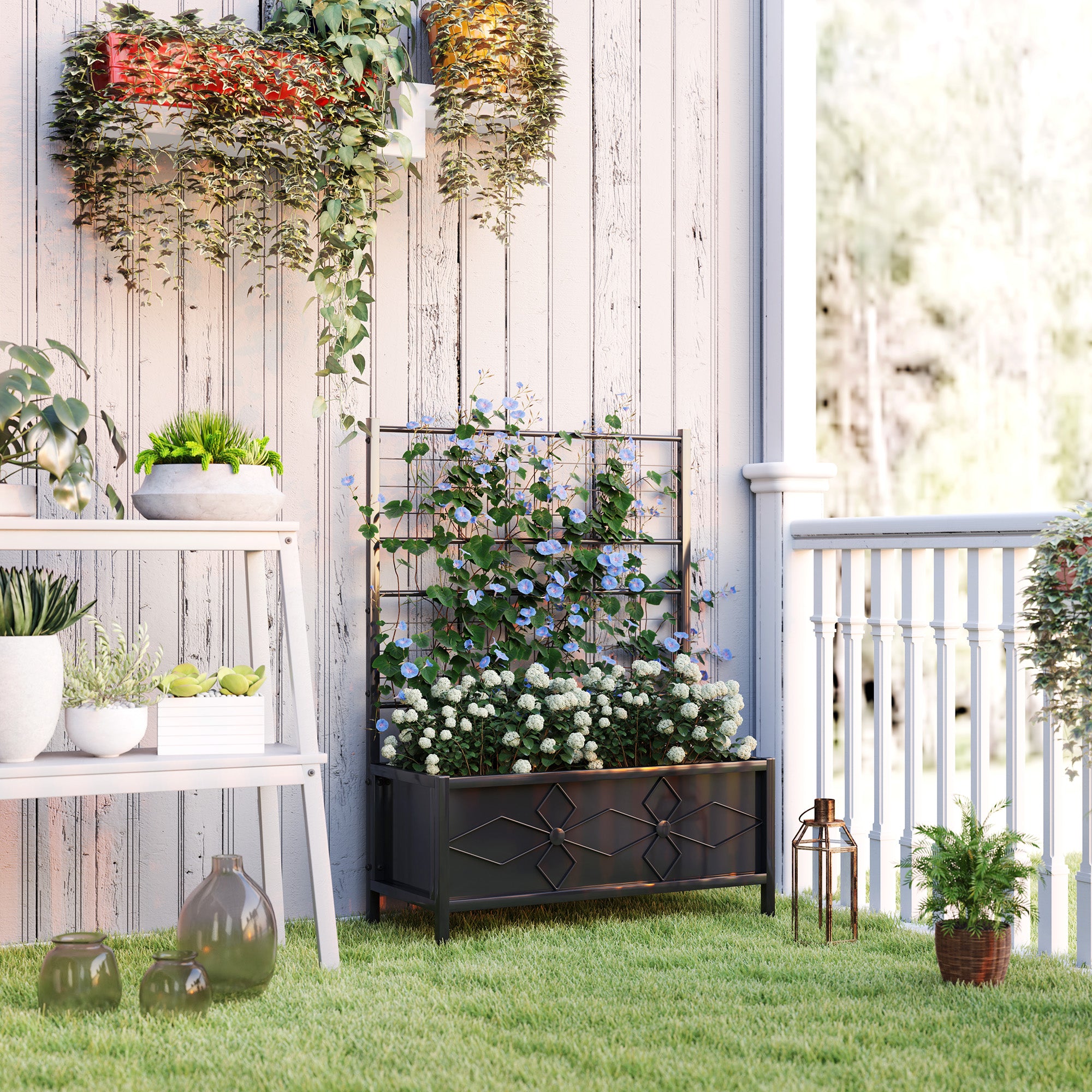 Outdoor Planter Box Galvanized Raised Garden Bed with Trellis for Climbing Vines, 35.4" x 15.7" x 47.2"