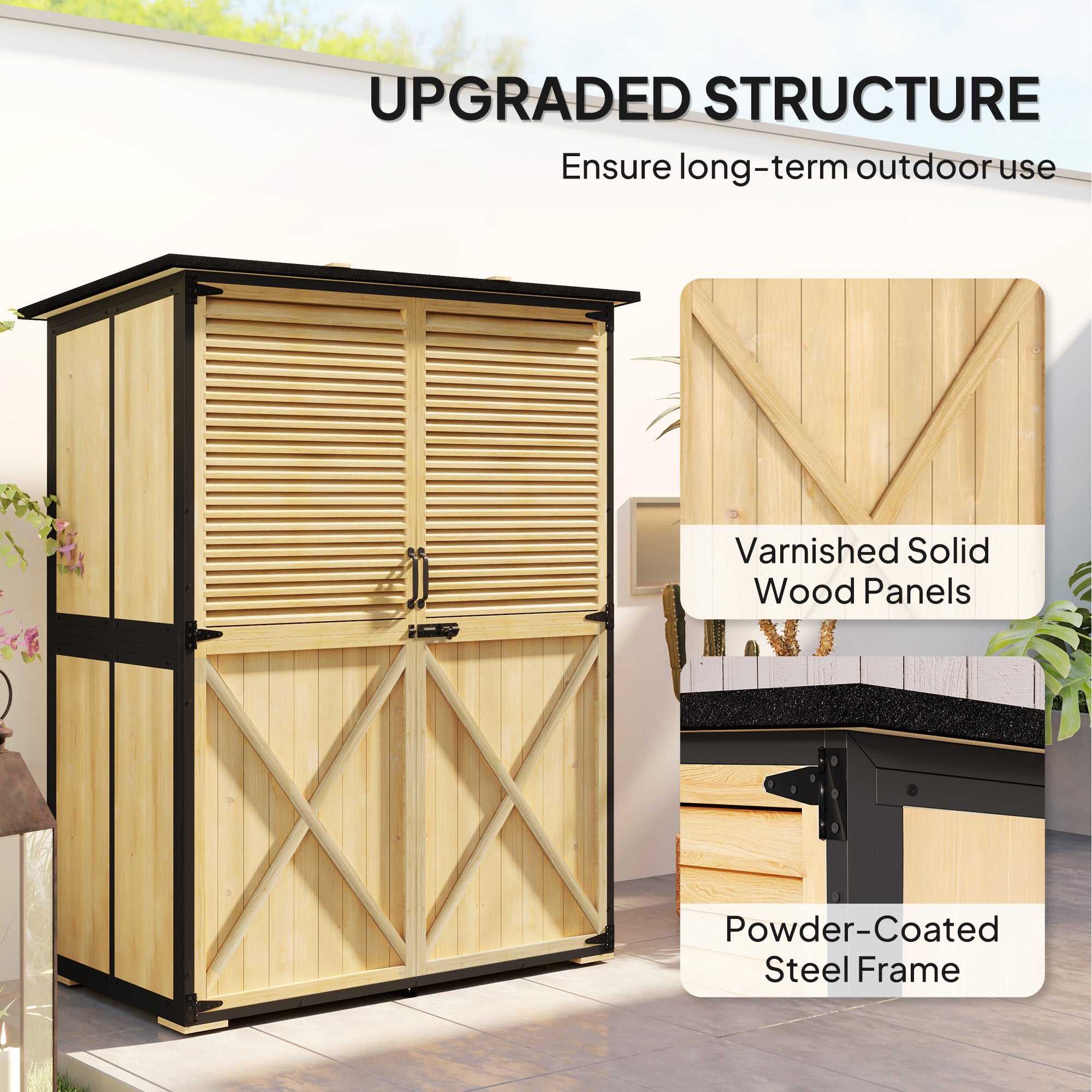 Wood Storage Shed, Outdoor Garden Shed with Asphalt Roof, 2 Shelves, Lockable Doors and Adjustable Feet