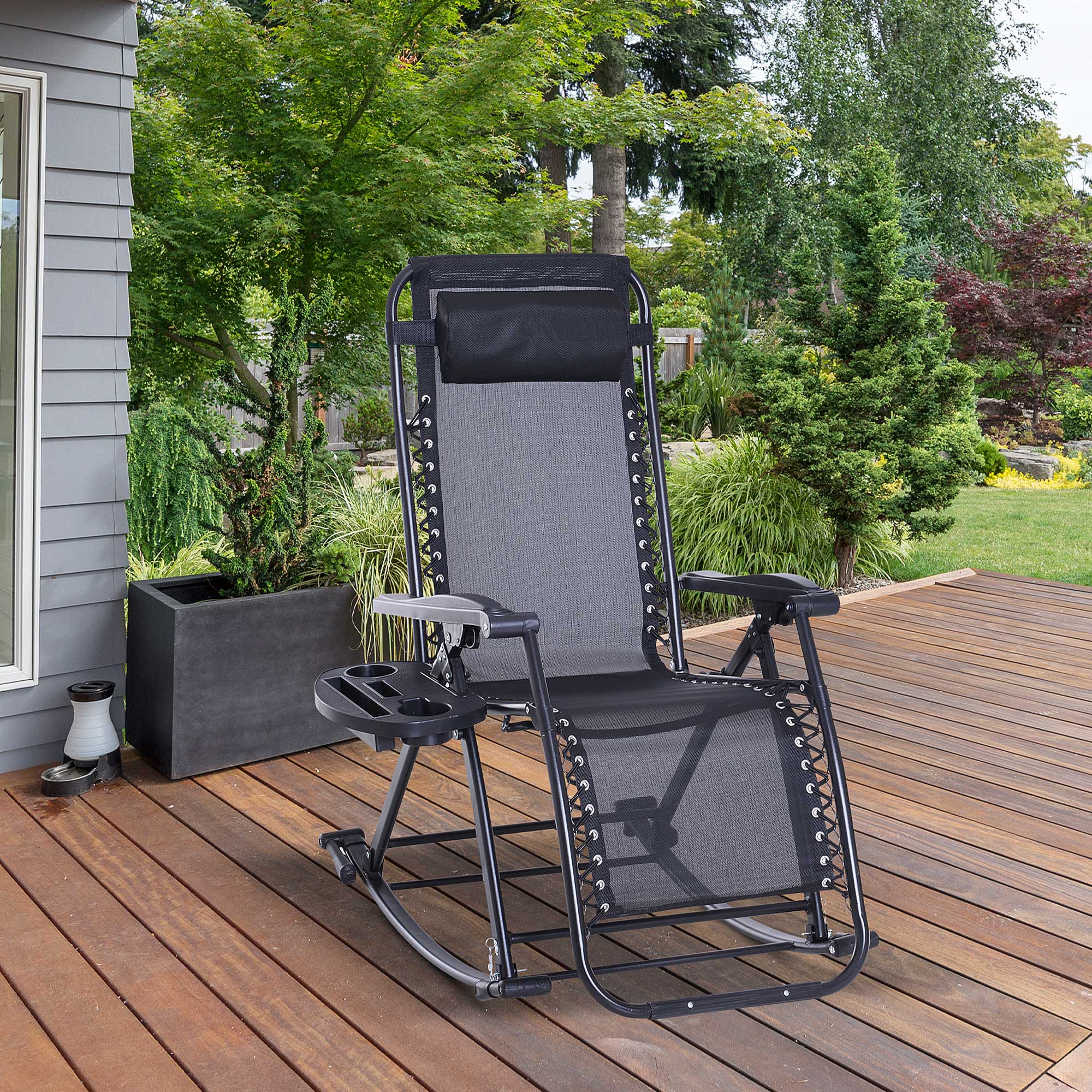 Outdoor Rocking Chairs, Foldable Reclining Zero Gravity Lounge Rocker with Pillow, Cup & Phone Holder, Combo Design with Folding Legs