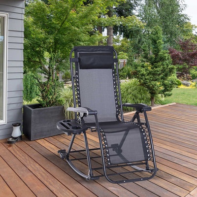 Outdoor Rocking Chairs, Foldable Reclining Zero Gravity Lounge Rocker with Pillow, Cup & Phone Holder, Combo Design with Folding Legs