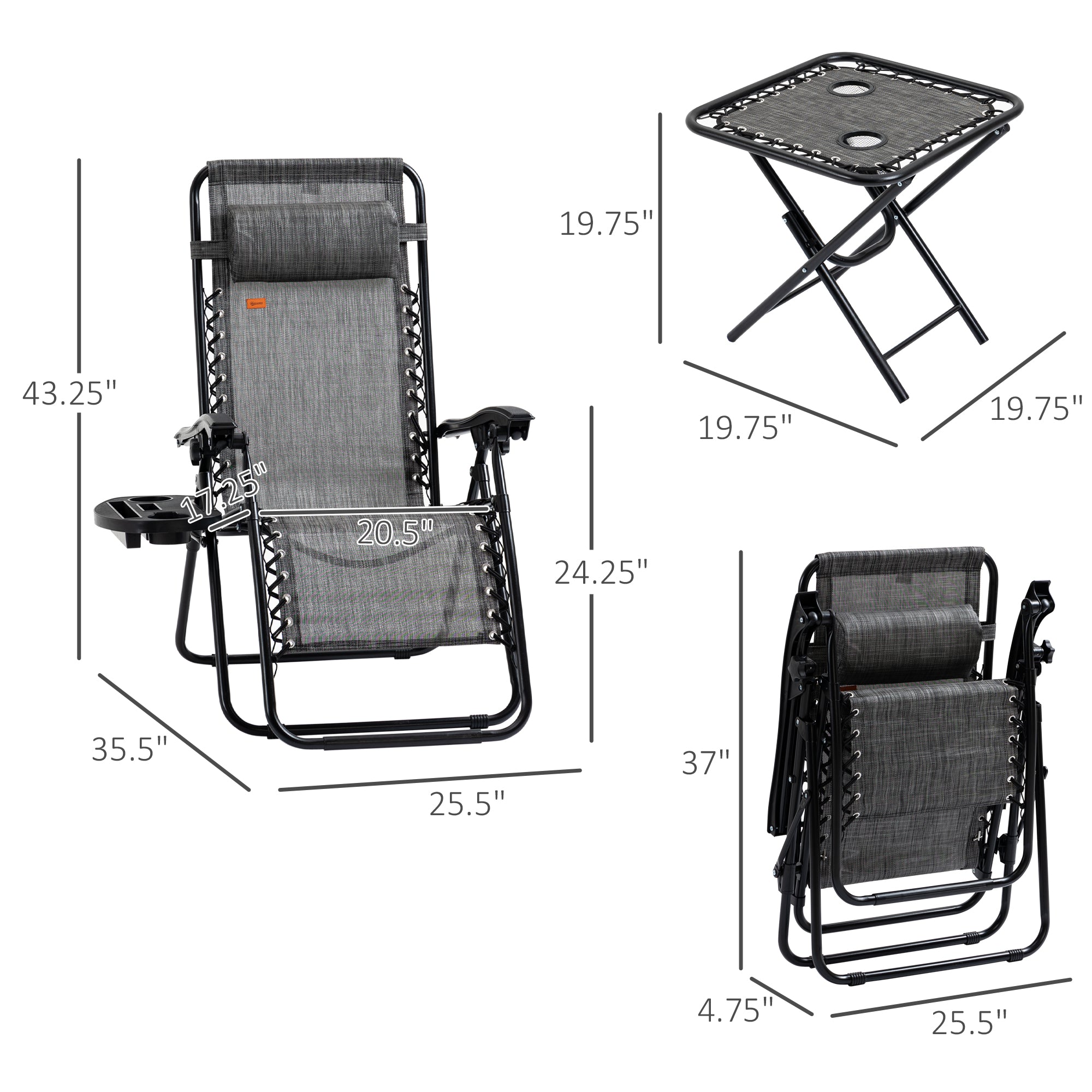 Zero Gravity Chair Set with Side Table, Folding Reclining Chair with Cupholders & Pillows, Adjustable Lounge Chairs for Pool, Backyard, Lawn, Beach