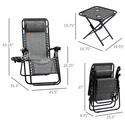 Zero Gravity Chair Set with Side Table, Folding Reclining Chair with Cupholders & Pillows, Adjustable Lounge Chairs for Pool, Backyard, Lawn, Beach