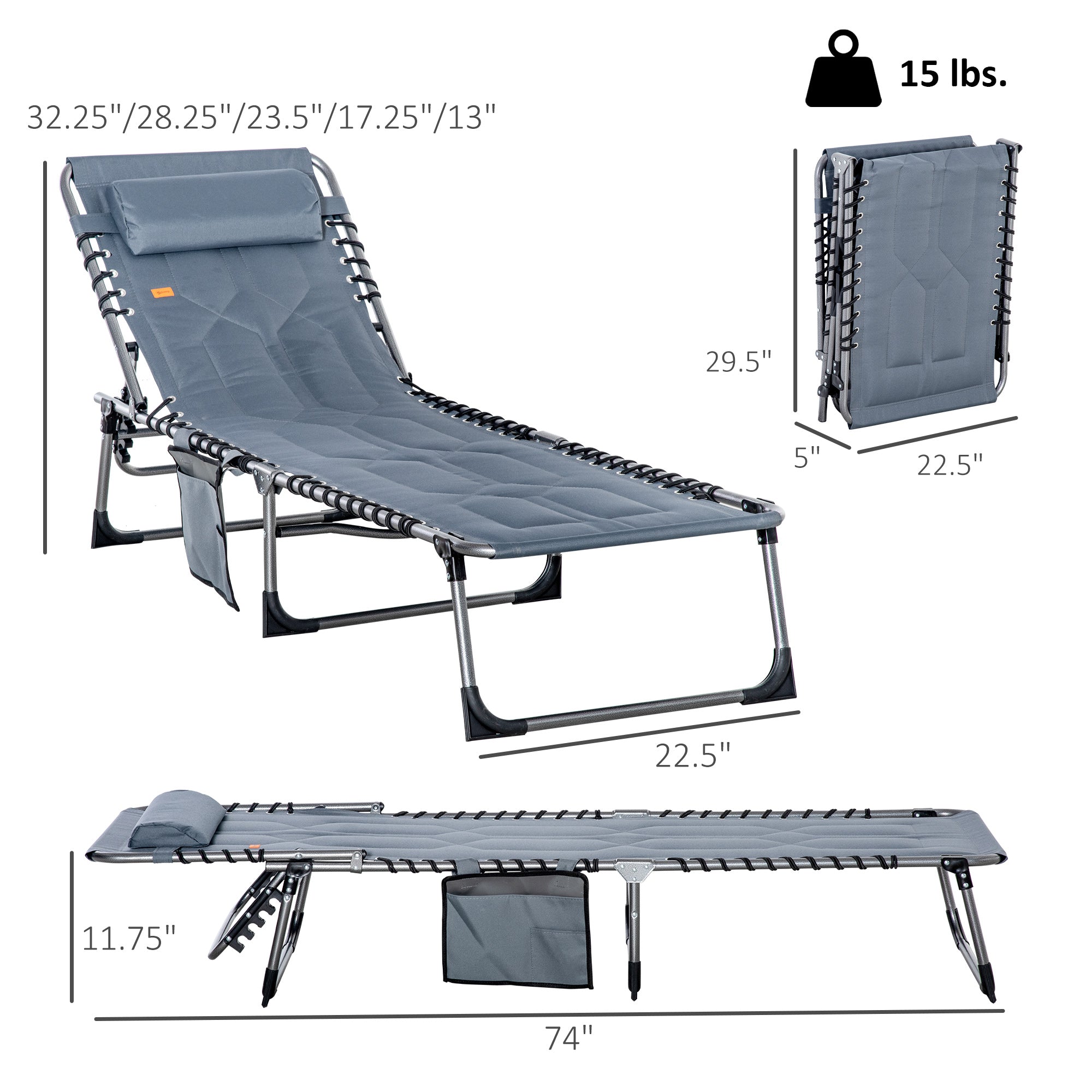 Padded Folding Chaise Lounge Chair, Outdoor 6-Level Reclining Camping Tanning Chair with Headrest for Beach, Yard, Patio, Pool
