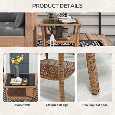 Rattan Side Table, Outdoor End Table with Storage Shelf, Aluminum Frame Square, Coffee Table with Tempered Glass Top