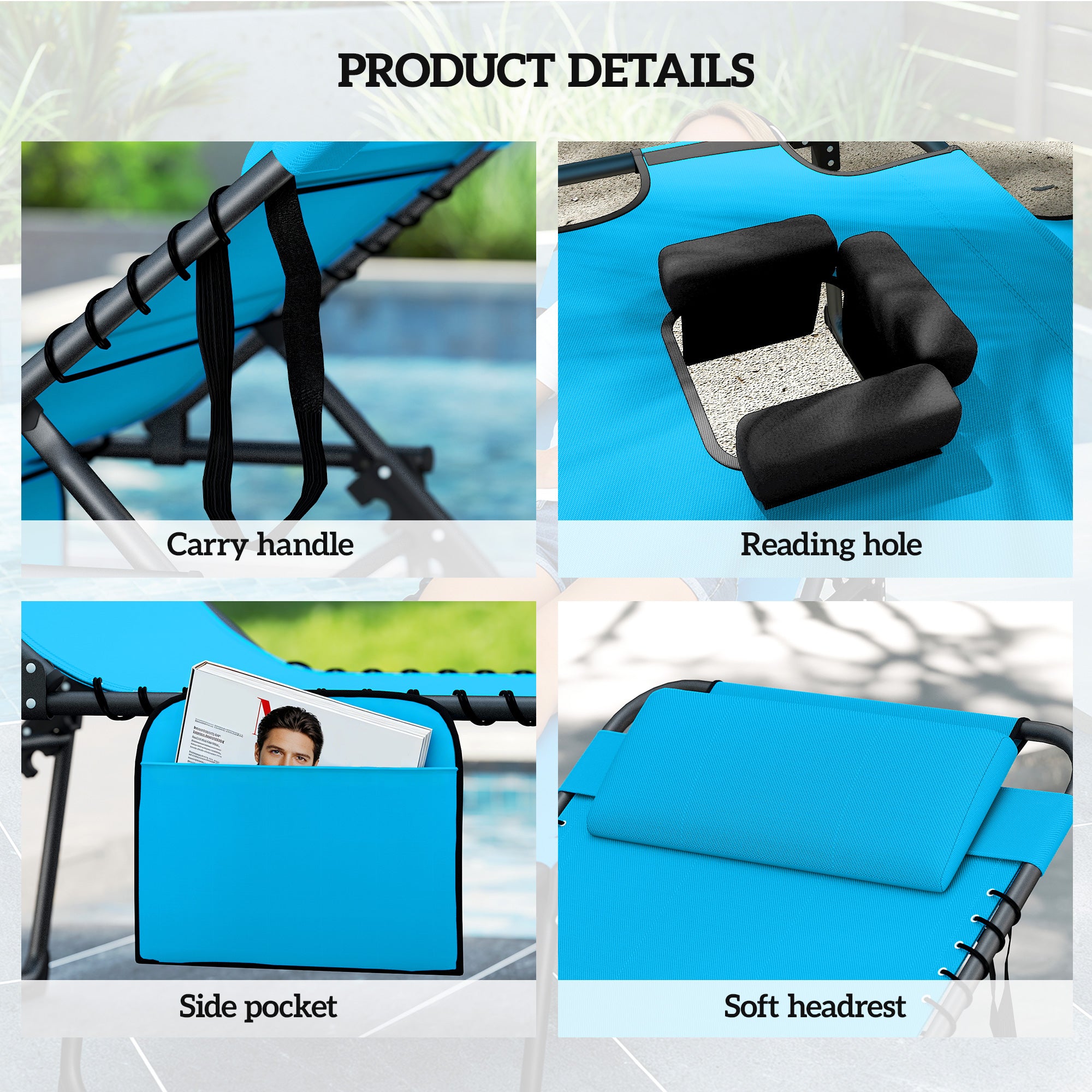 Folding Chaise Tanning Lounge Chair w/ 5-level Reclining Back, Reading Hole, Side Pocket, Headrest