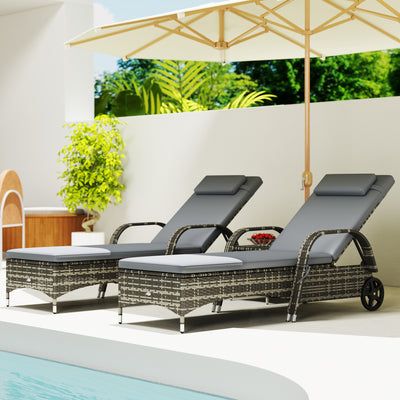 Patio Wicker Chaise Lounge Chair Set of 2 with Table, Adjustable Backrest, Wheels, Cushion & Headrest, Gray