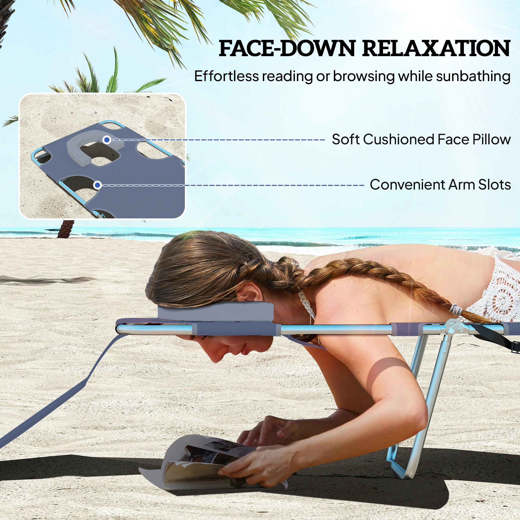 2 Tanning Chairs with Face Hole, 5-Level Adjustable Outdoor Chaise Lounge Chair with Pillow for Beach, Pool, Gray