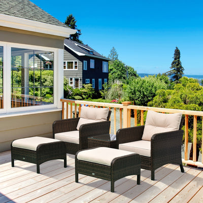 5 Pieces Rattan Wicker Lounge Chair Outdoor Patio Conversation Set with 2 Cushioned Chairs, 2 Ottomans and Tempered Glass Top Coffee Table