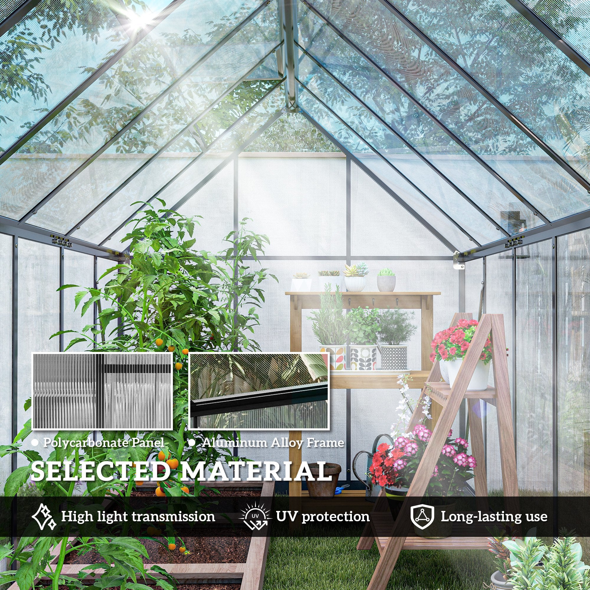 Polycarbonate Greenhouse with Swing Door and Two Adjustable Roof Vents, Aluminum Walk-in Greenhouse, 11x6 ft
