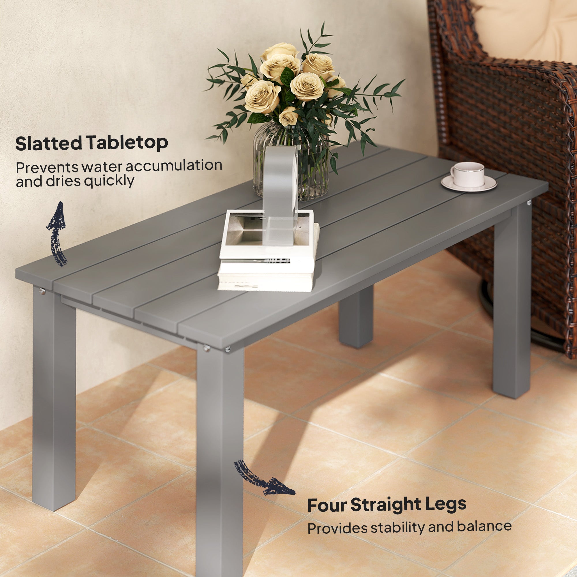 Rectangle Outdoor Coffee Table, HDPE All-Weather Outdoor Patio Table with Slatted Tabletop for Yard, Balcony