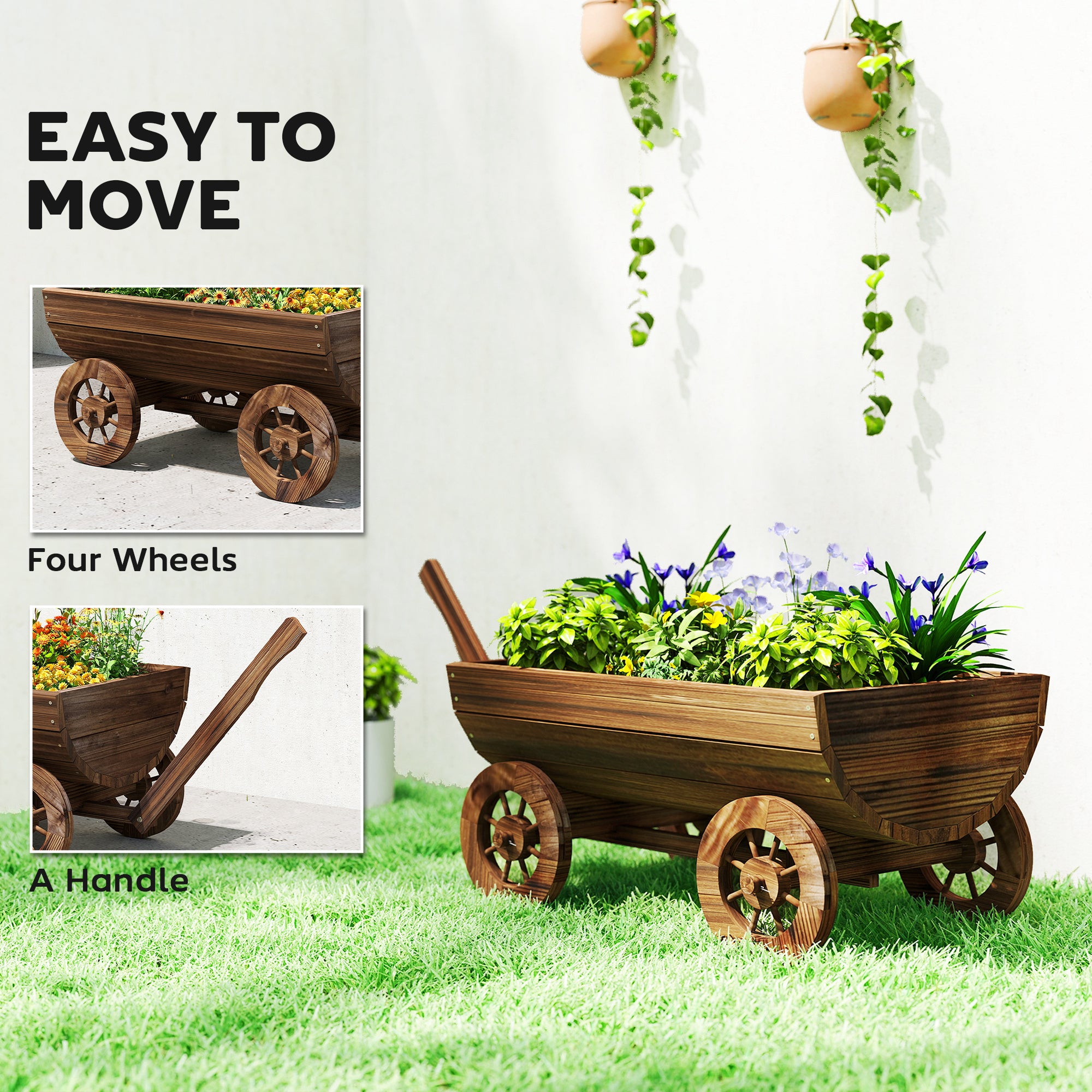 Wooden Wagon Planter Box, Mobile Garden Planter with 4 Wheels, Small Wheelbarrow Wagon Flower Cart with Drainage Hole