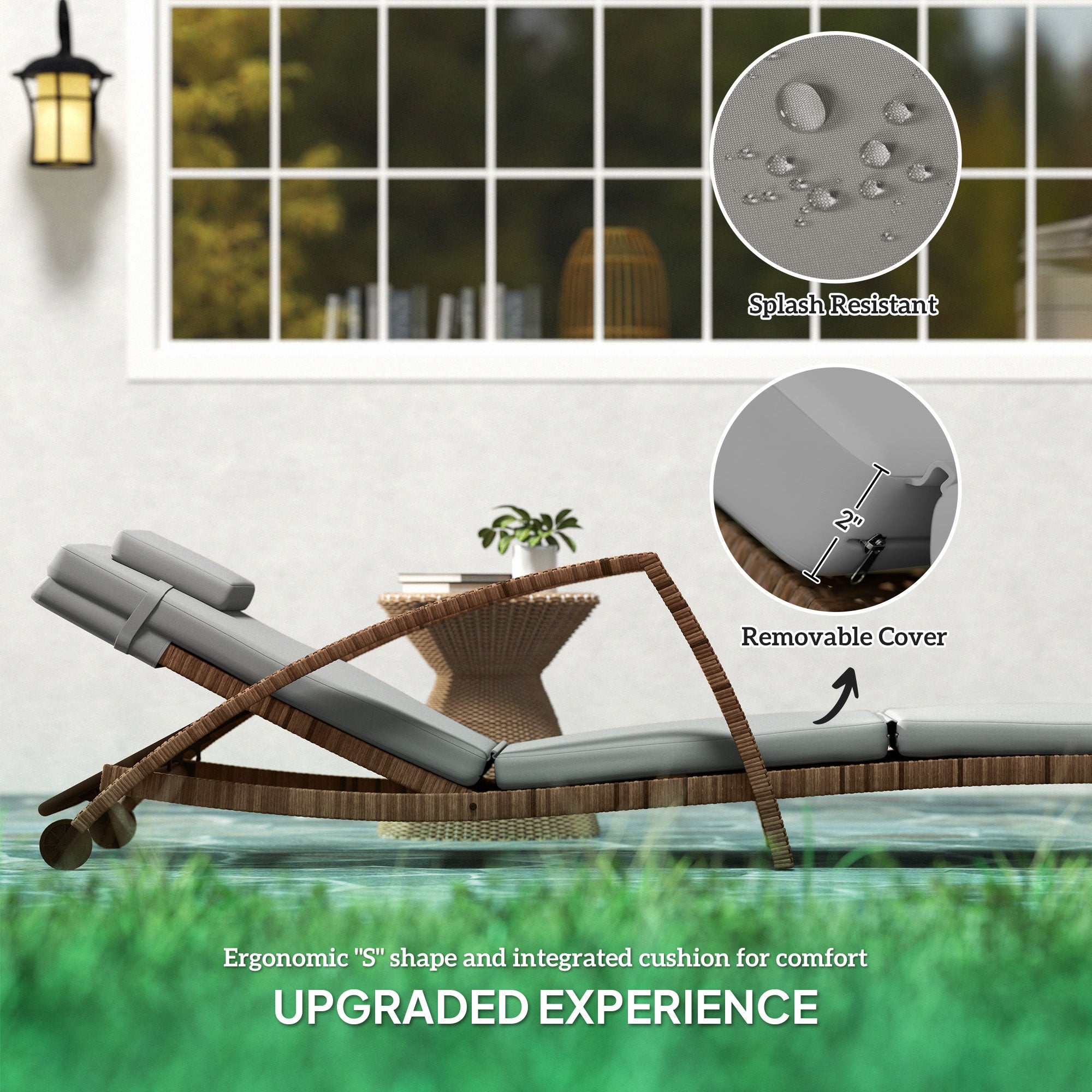 Set of 2 Wicker Chaise Lounge Chair Outdoor Patio Lounger with 5 Adjustable Back, Wheels, Cushion, and Armrests, Gray