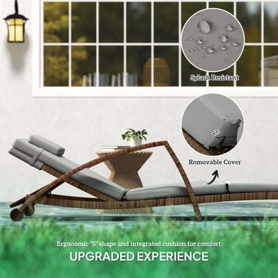 Set of 2 Wicker Chaise Lounge Chair Outdoor Patio Lounger with 5 Adjustable Back, Wheels, Cushion, and Armrests, Gray